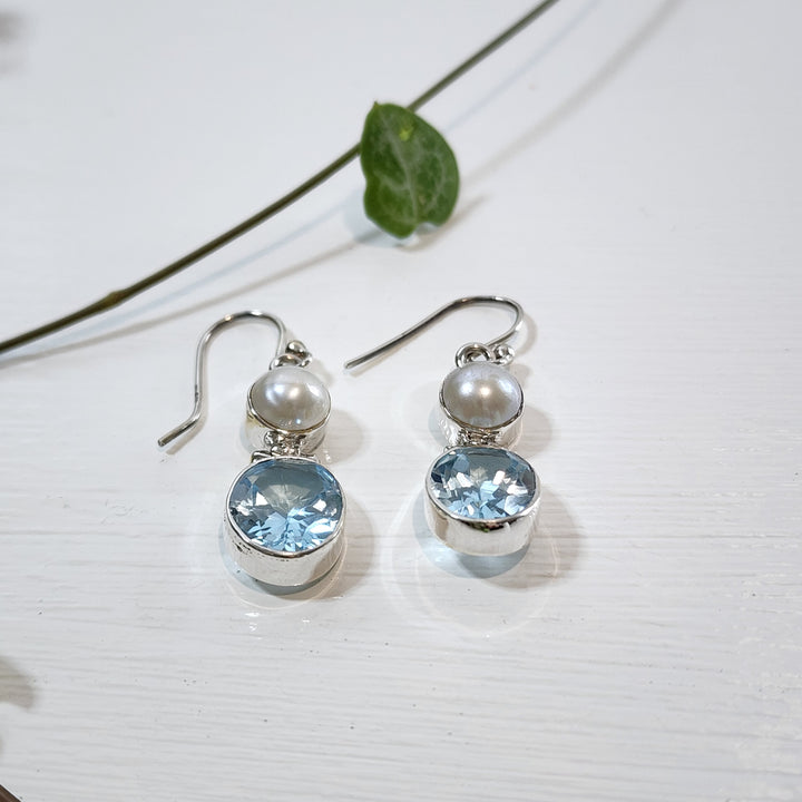 Blue Topaz and Pearl Earrings set in 925 Sterling Silver