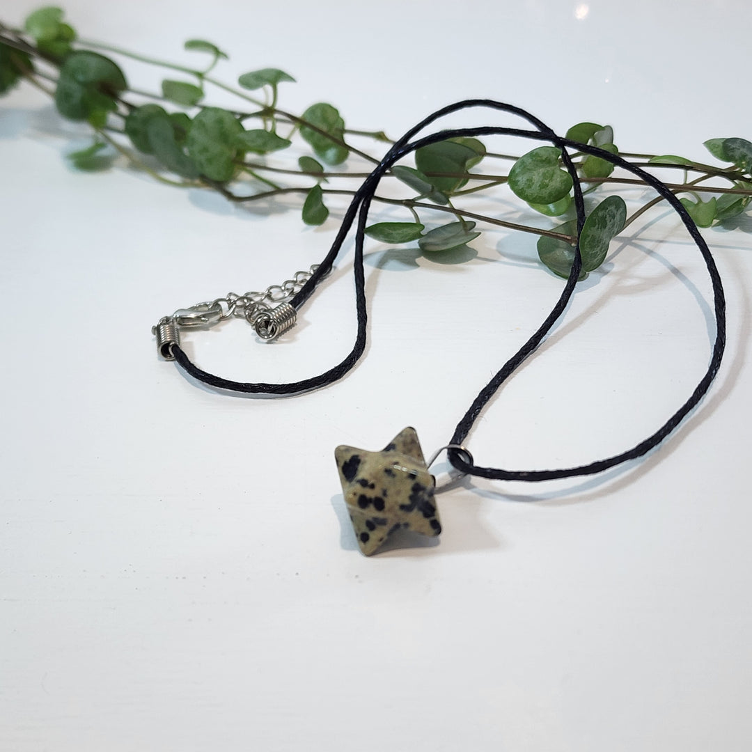 Dalmation Jasper Merkabah Pendant
Comes with a black cord necklace