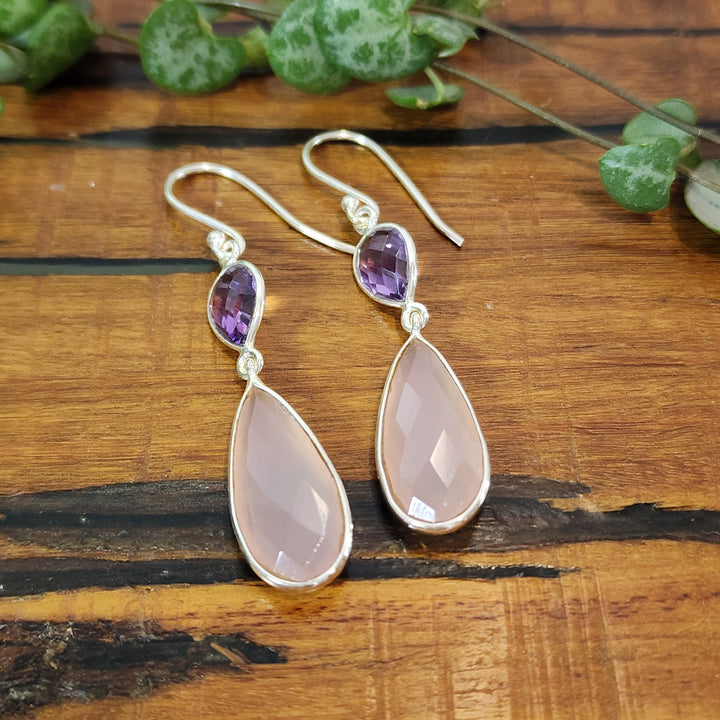 Amethyst & Pink Chalcedony Earrings Set in 925 Sterling Silver.