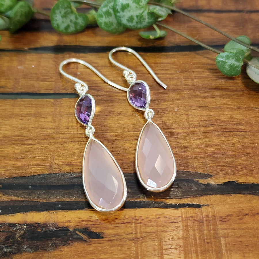 Amethyst & Pink Chalcedony Earrings Set in 925 Sterling Silver.