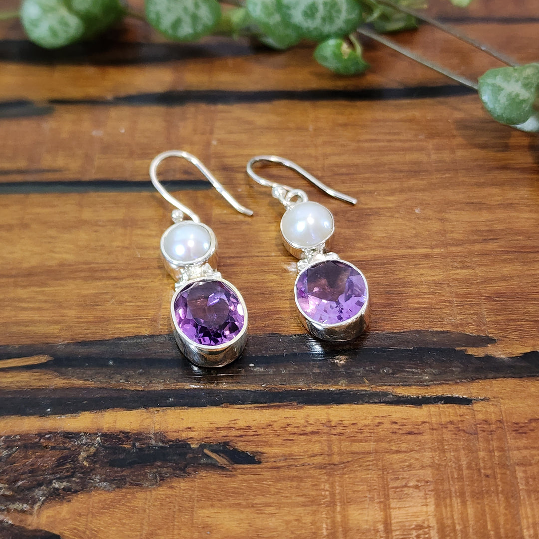 Amethyst and Fresh Water Pearl Earrings set in 925 Sterling Silver.