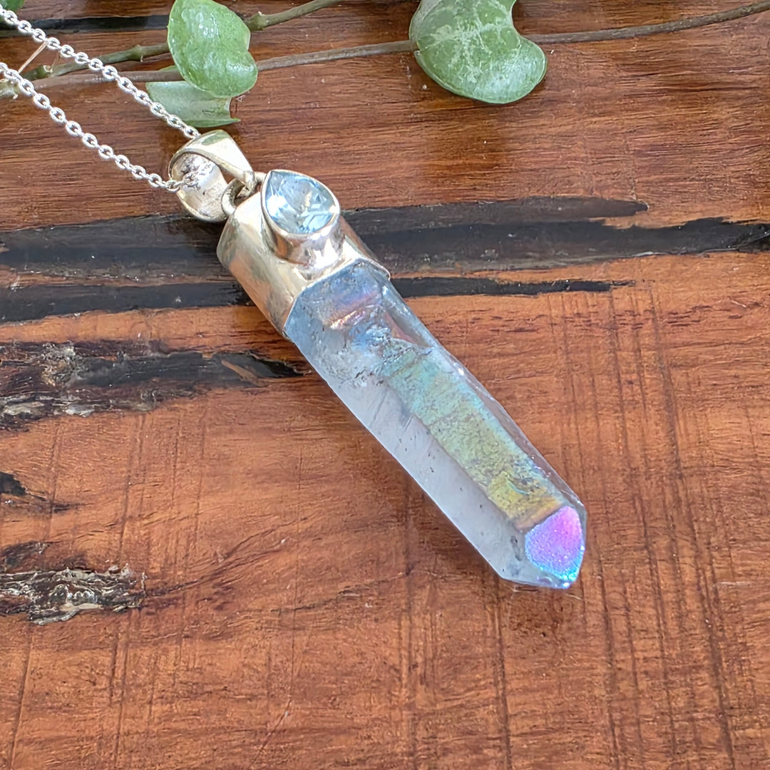 Aqua Aura and Blue Topaz Pendant set in 925 Sterling Silver, comes with a 45cm Sterling Silver Chain.