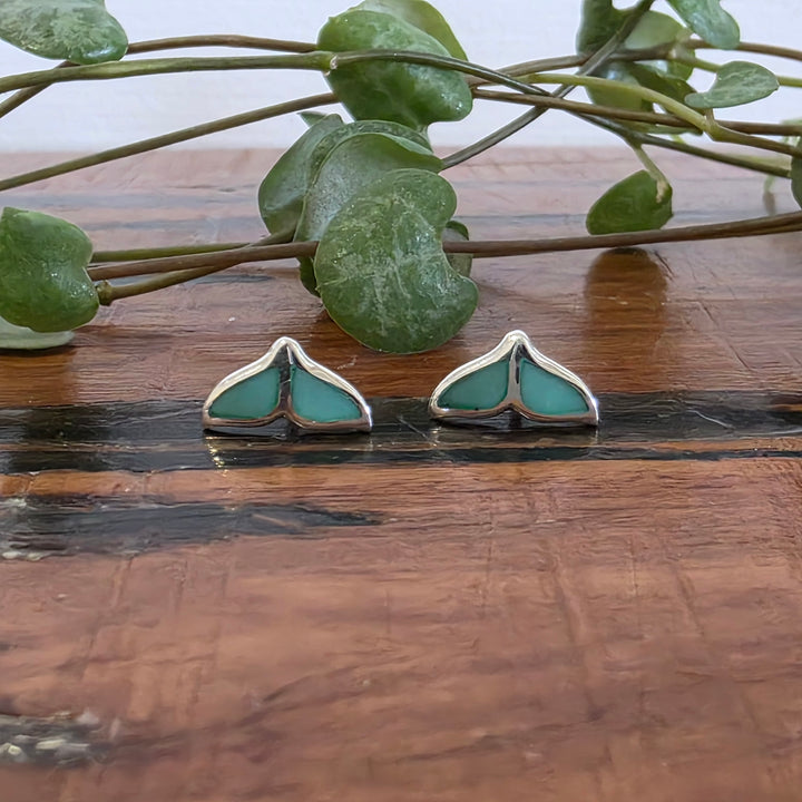 Kingman Turquoise Whale Tail Stud Earrings Set in 925 Sterling Silver