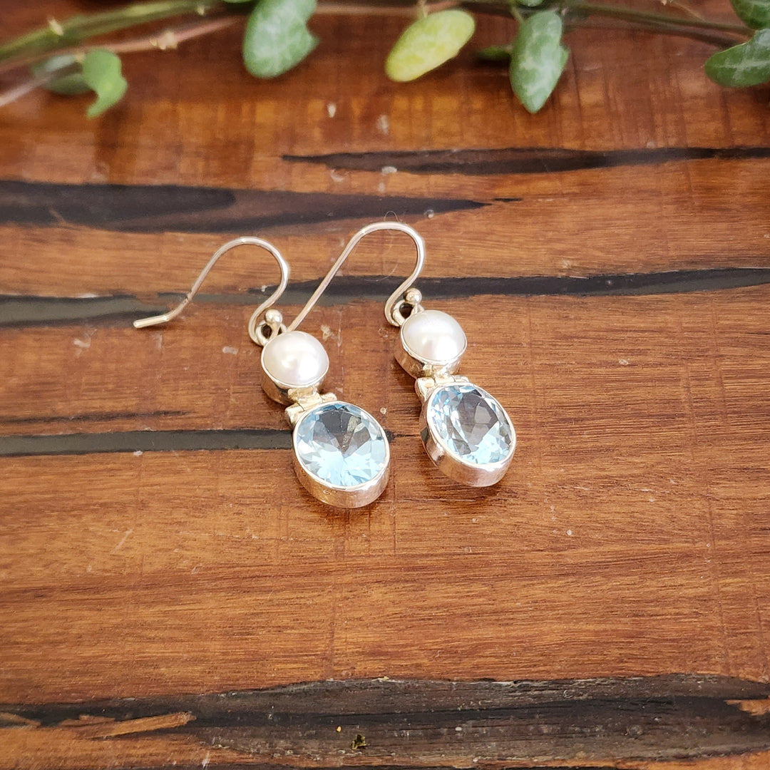 Blue Topaz and Pearl Earrings set in 925 Sterling Silver