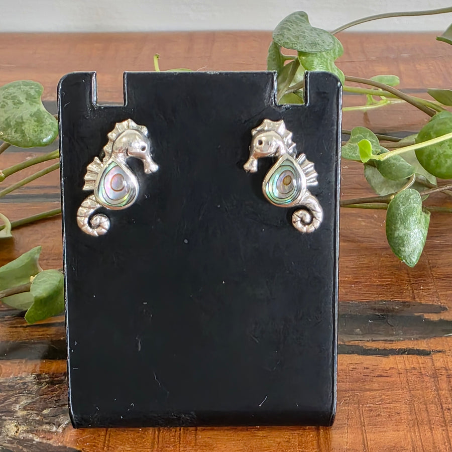 Paua Shell Sea Horse Stud Earrings Set in 925 Sterling Silver