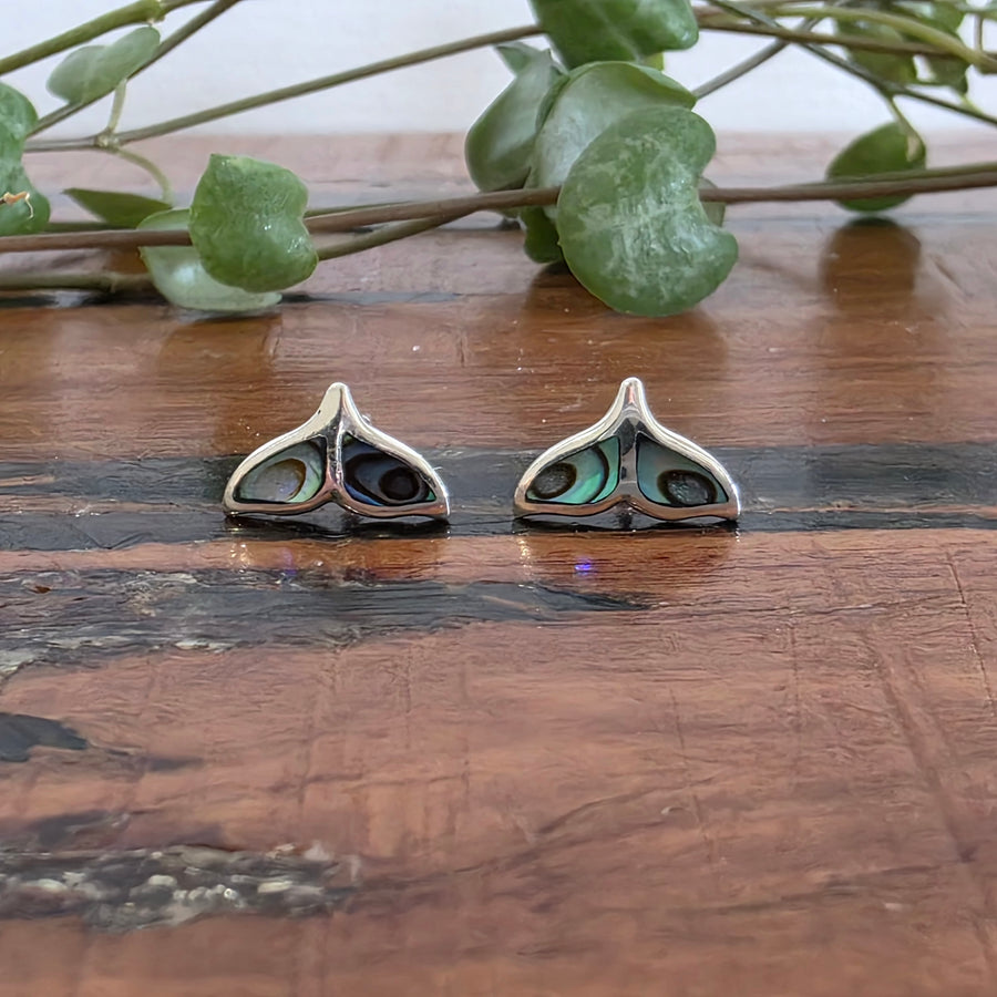 Paua Shell Whale Tail Stud Earrings Set in 925 Sterling Silver