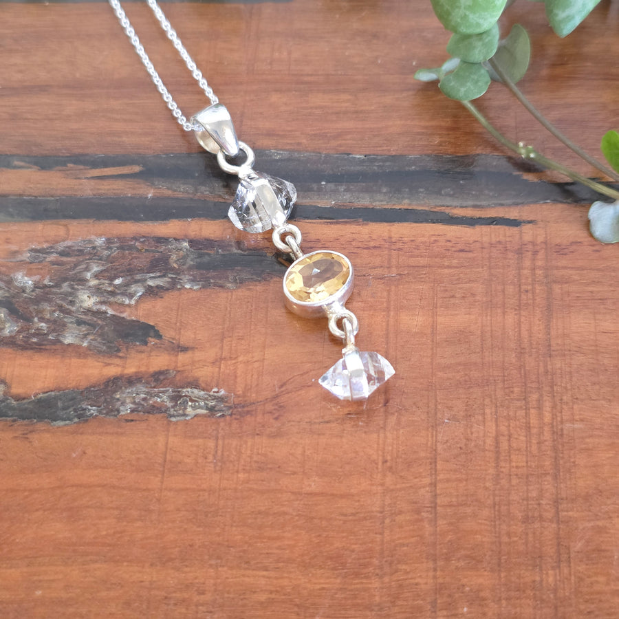 Citrine and Herkimer Diamond Pendant set in 925 sterling silver.