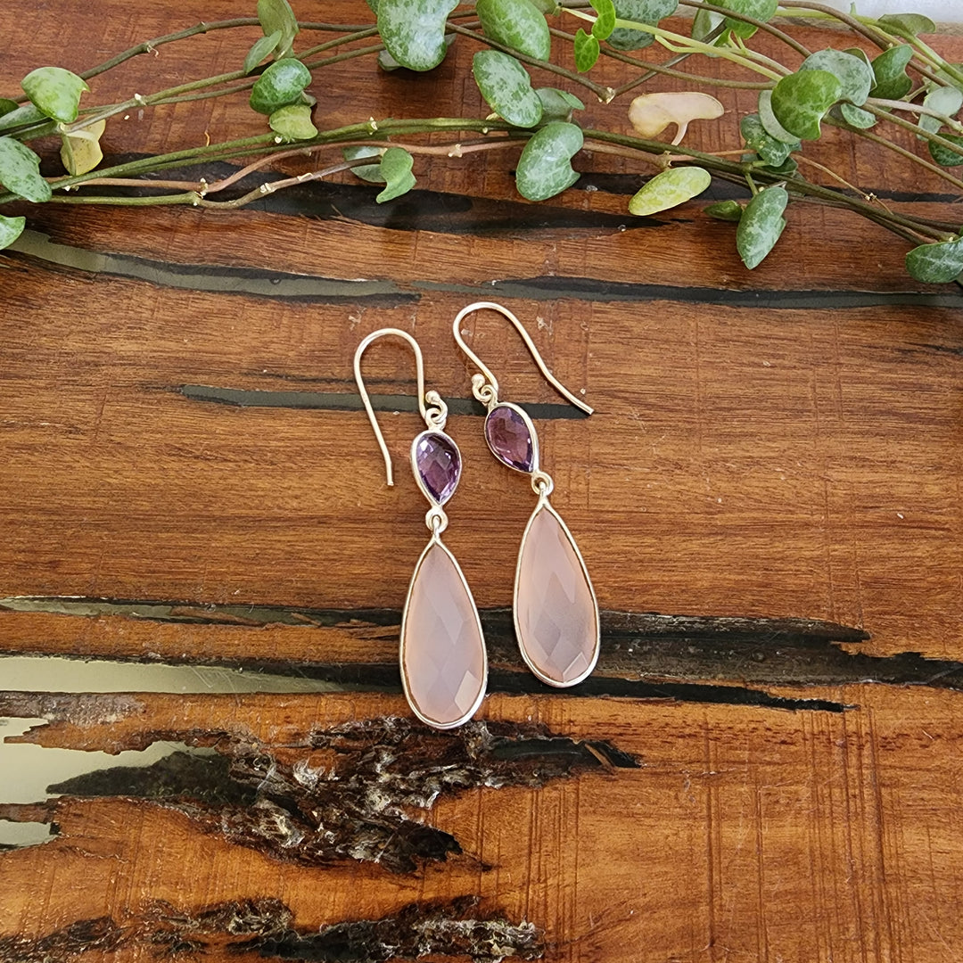 Amethyst & Pink Chalcedony Earrings Set in 925 Sterling Silver.