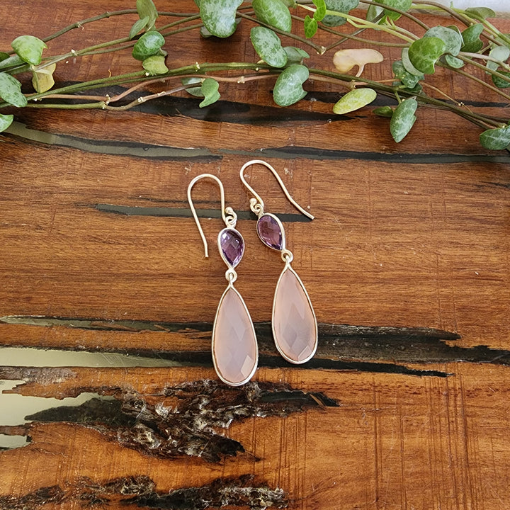 Amethyst & Pink Chalcedony Earrings Set in 925 Sterling Silver.