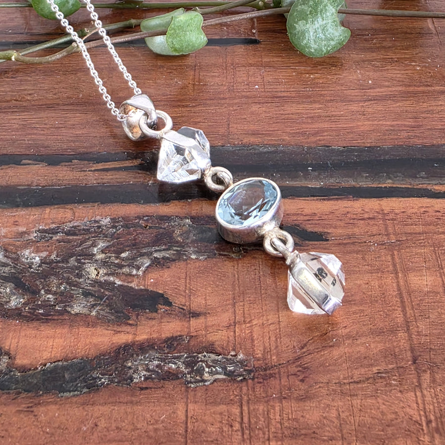 Blue Topaz and Herkimer Diamond Pendant set in 925 Sterling Silver