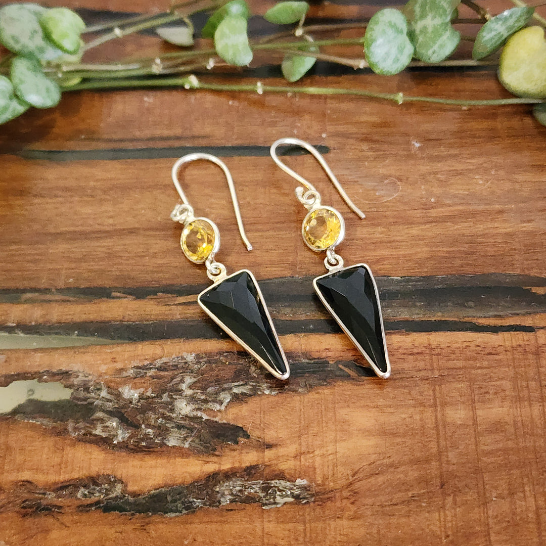 Citrine & Onyx Earrings Set in 925 Sterling Silver