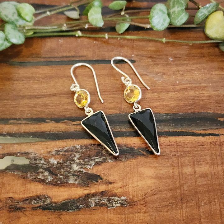 Citrine & Onyx Earrings Set in 925 Sterling Silver