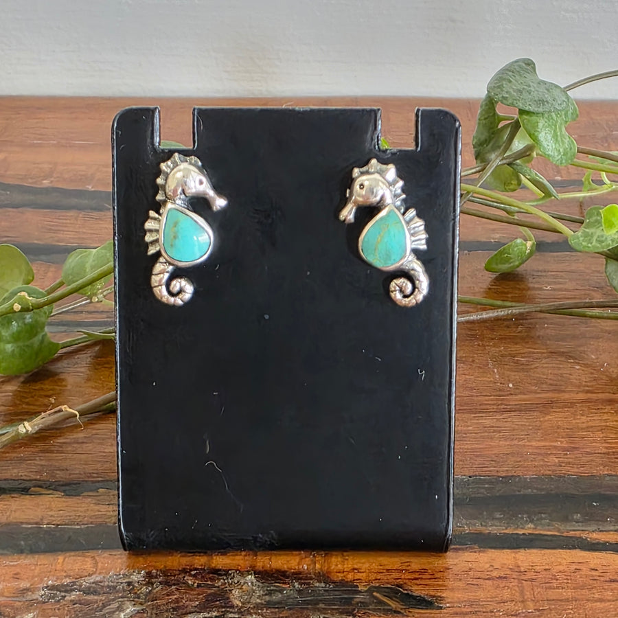 Kingsman Turquoise Sea Horse Stud Earrings Set in 925 Sterling Silver