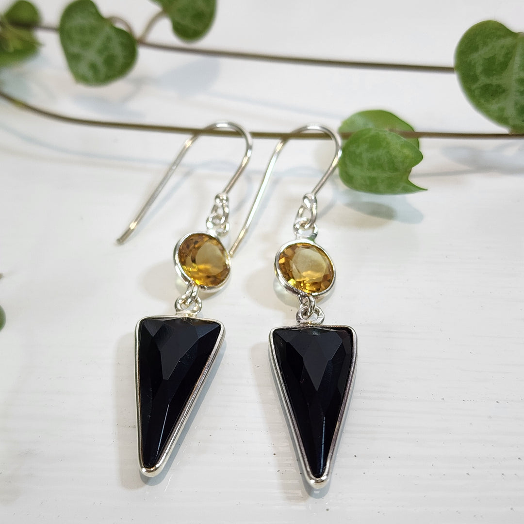 Citrine & Onyx Earrings Set in 925 Sterling Silver