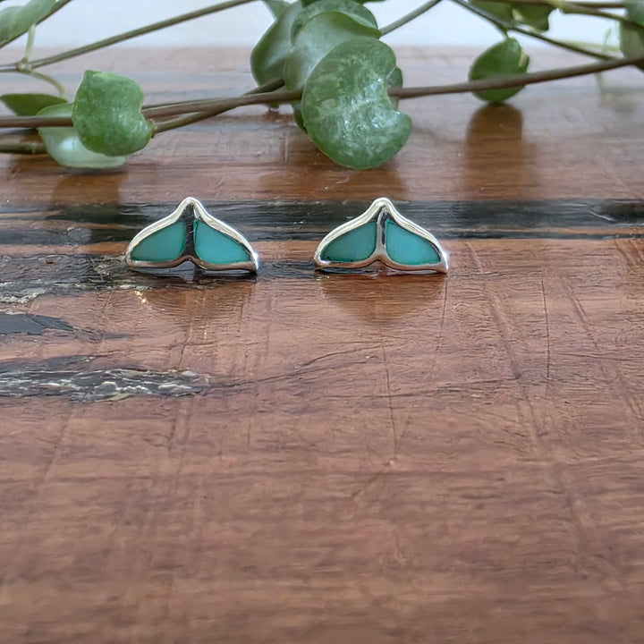Kingman Turquoise Whale Tail Stud Earrings Set in 925 Sterling Silver