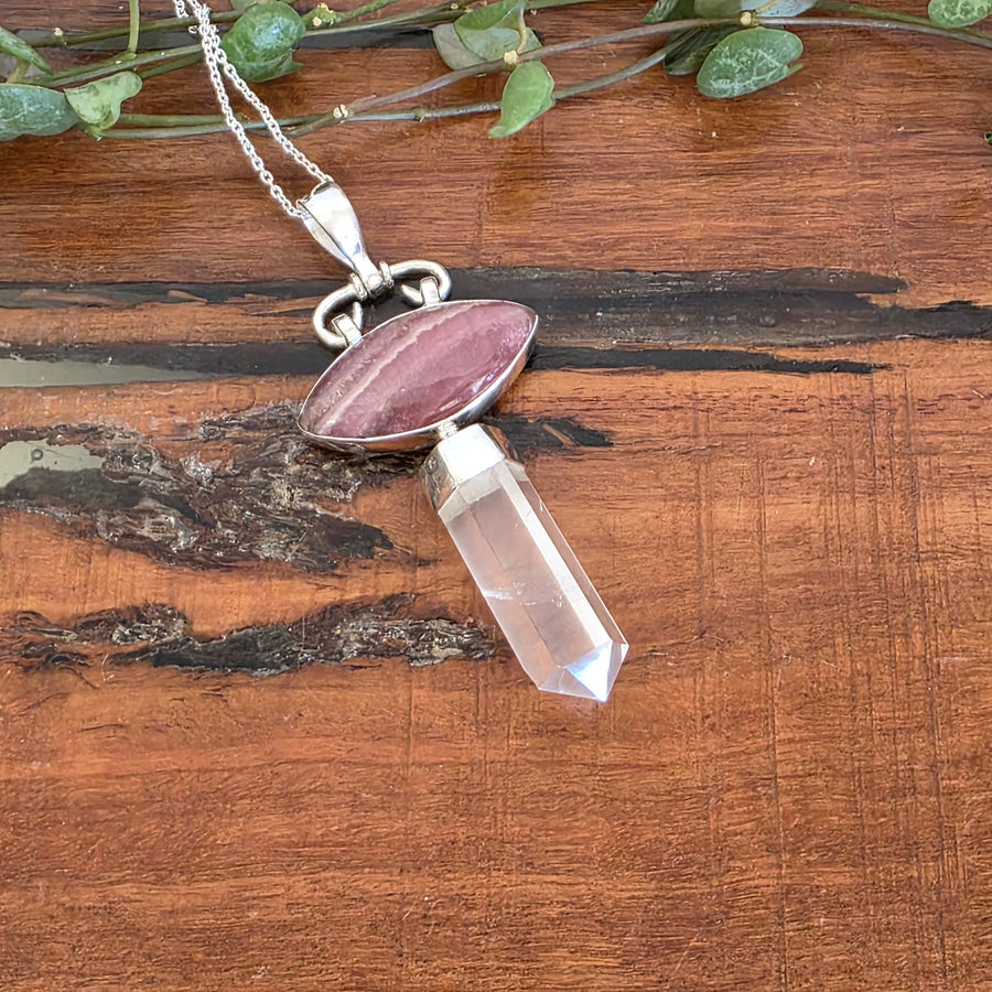 Rhodochrosite and Clear Quartz Pendant set in 925 Sterling Silver