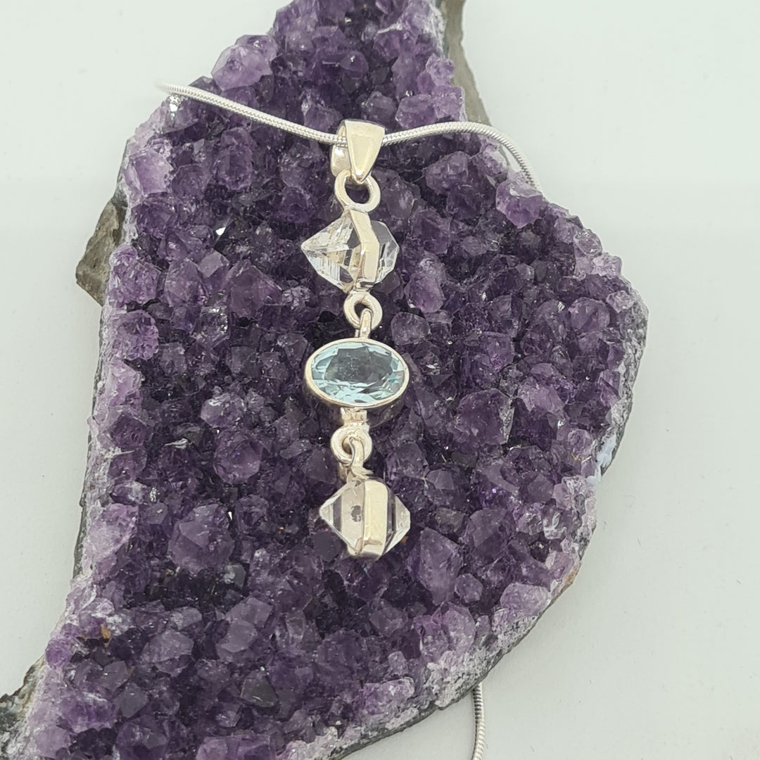 Blue Topaz and Herkimer Diamond Pendant set in 925 Sterling Silver