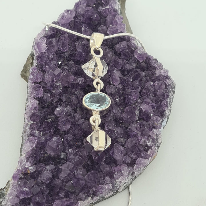 Blue Topaz and Herkimer Diamond Pendant set in 925 Sterling Silver