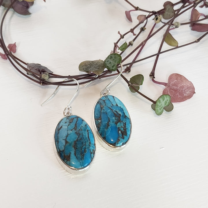 Blue Copper Turquoise Earrings set in 925 Sterling Silver