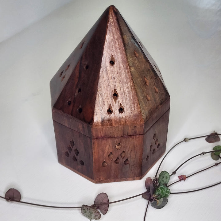 Incense & Cone Burner - Wooden Round Pyramid Box