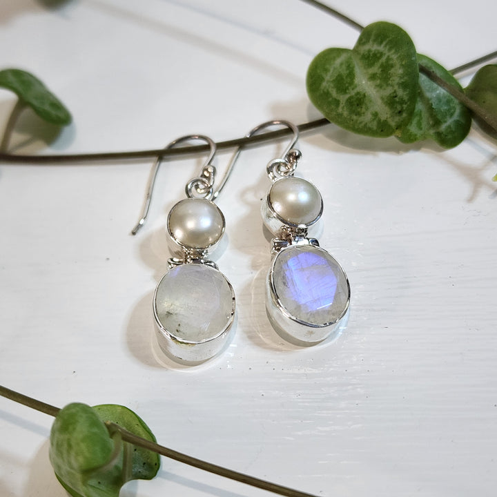 Rainbow Moonstone and Freshwater Pearls Earrings Set in 925 Sterling Silver