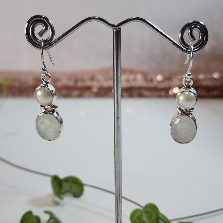 Rainbow Moonstone and Freshwater Pearls Earrings Set in 925 Sterling Silver