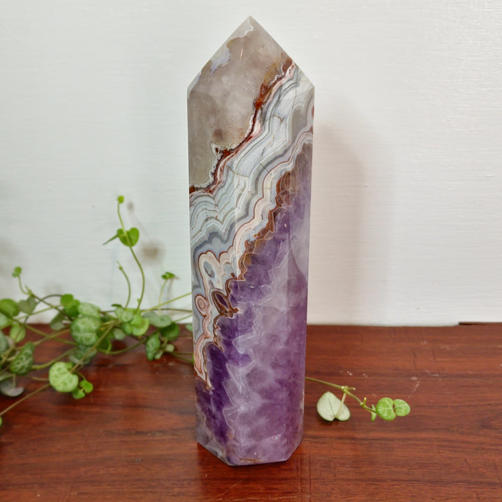 Pink Crazy Lace Agate and Amethyst Tower