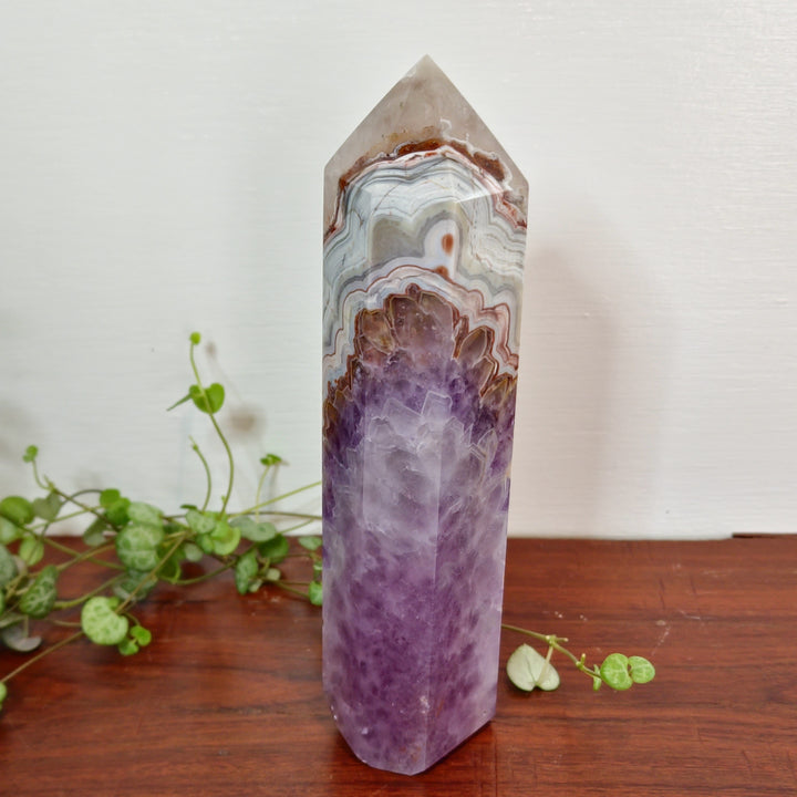 Pink Crazy Lace Agate and Amethyst Tower