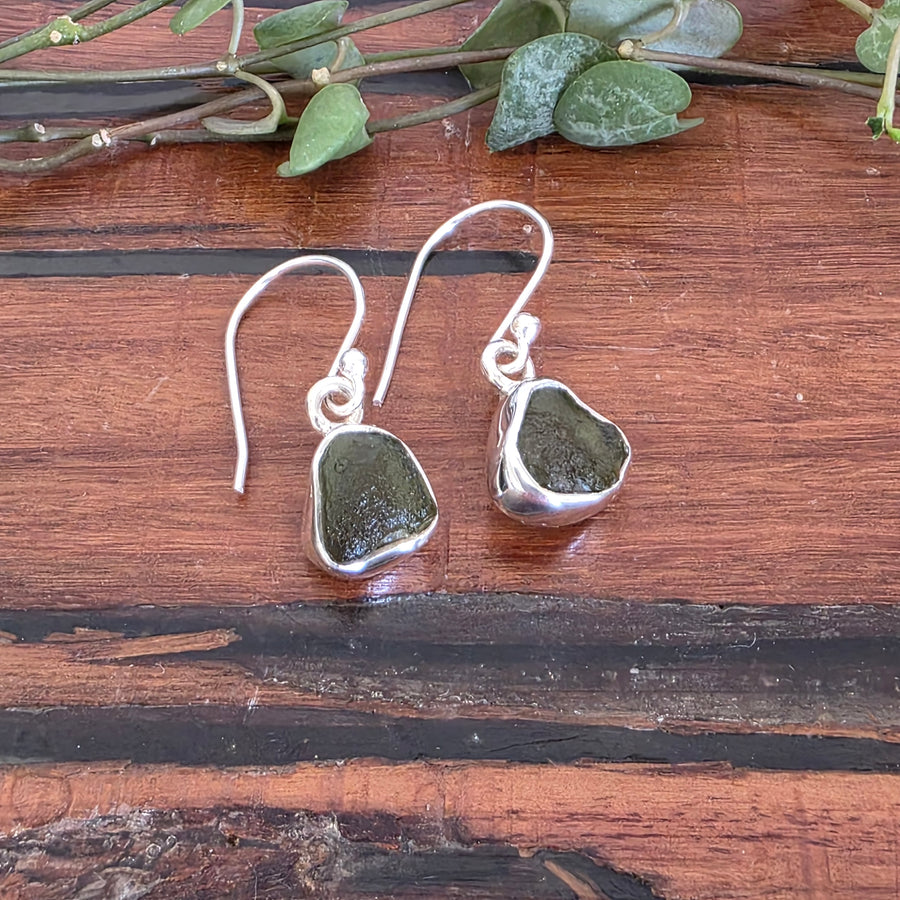 Rough Moldavite Earing Ring set in 925 Sterling Silver.