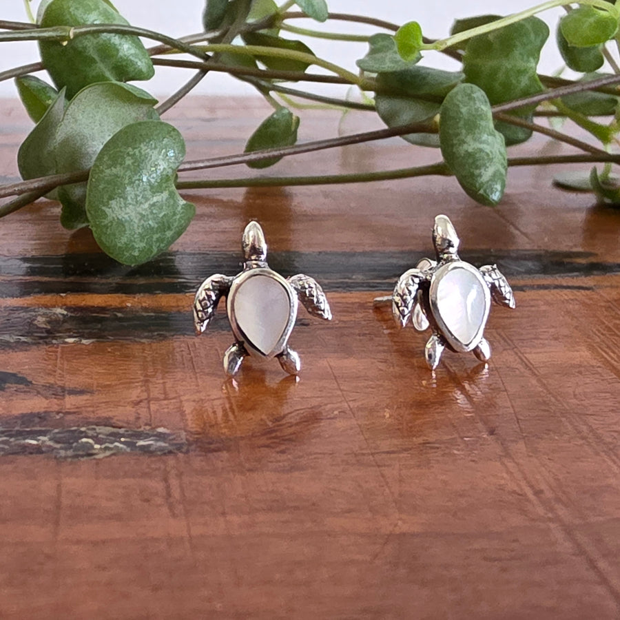 Mother of Pearl Tortoise Stud Earrings Set in 925 Sterling Silver