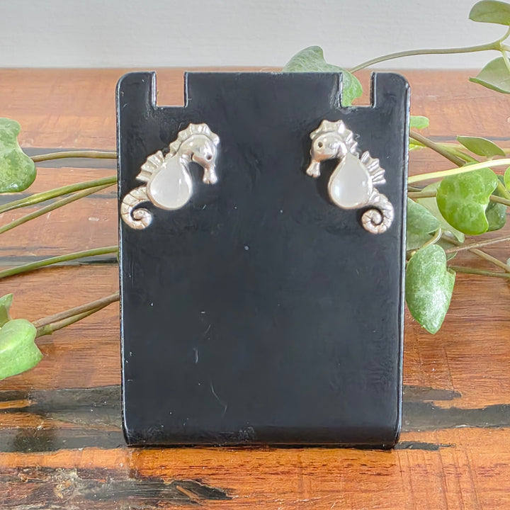 Mother of Pearl Sea Horse Stud Earrings Set in 925 Sterling Silver