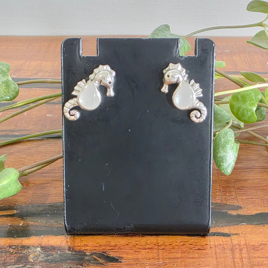 Mother of Pearl Sea Horse Stud Earrings Set in 925 Sterling Silver