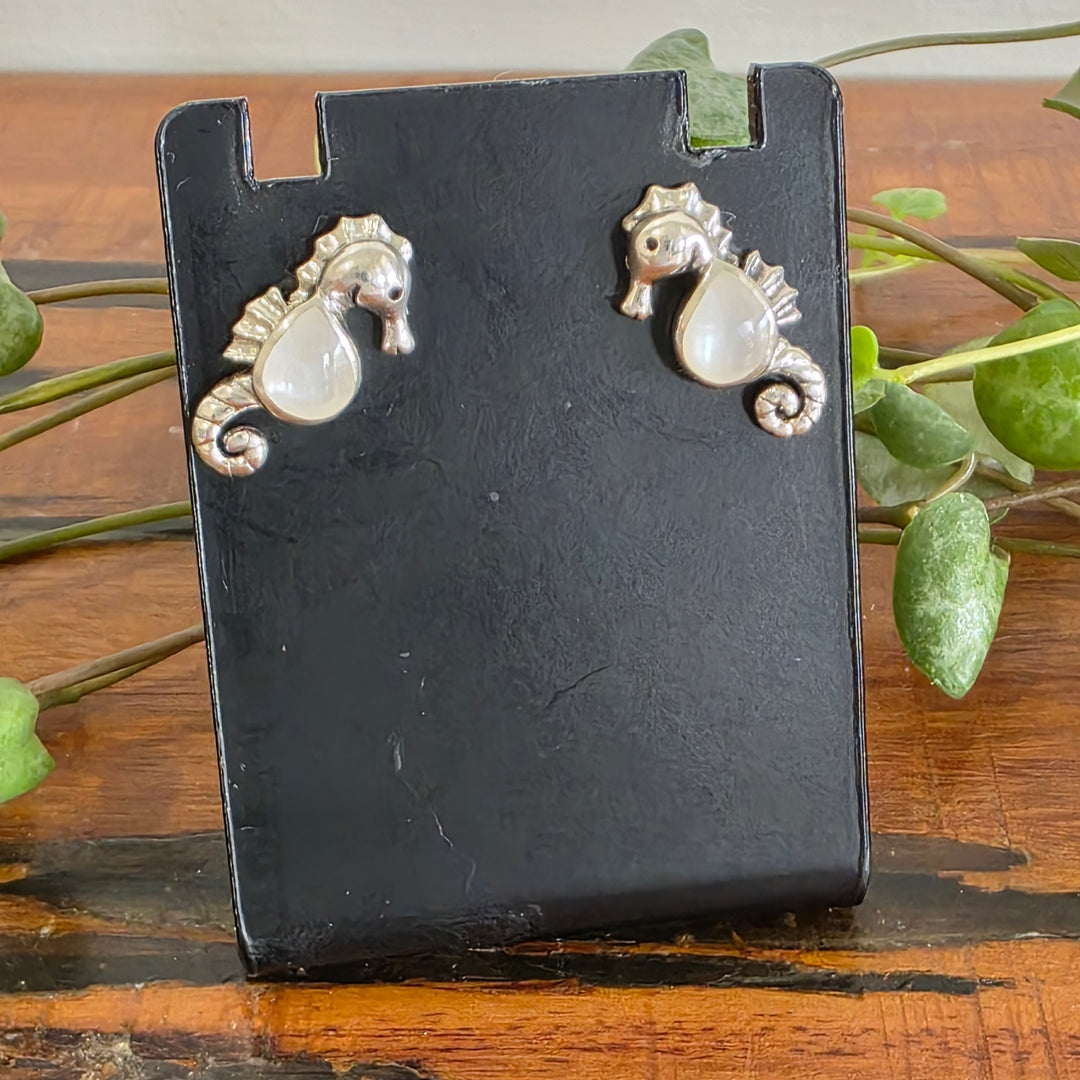 Mother of Pearl Sea Horse Stud Earrings Set in 925 Sterling Silver