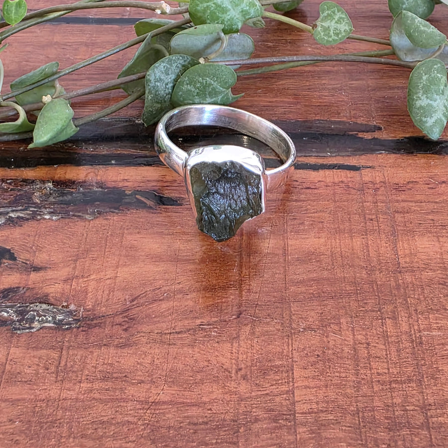 Rough Moldavite Ring set in 925 Sterling Silver.
