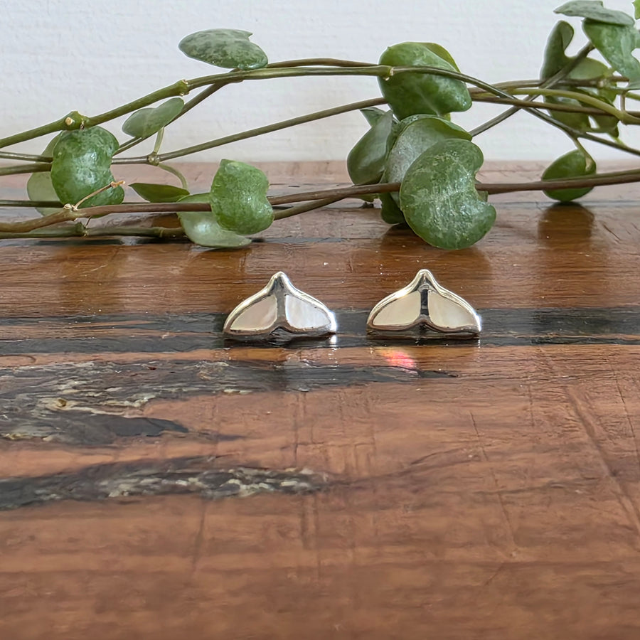 Mother of Pearl Whale Tail Stud Earrings Set in 925 Sterling Silver