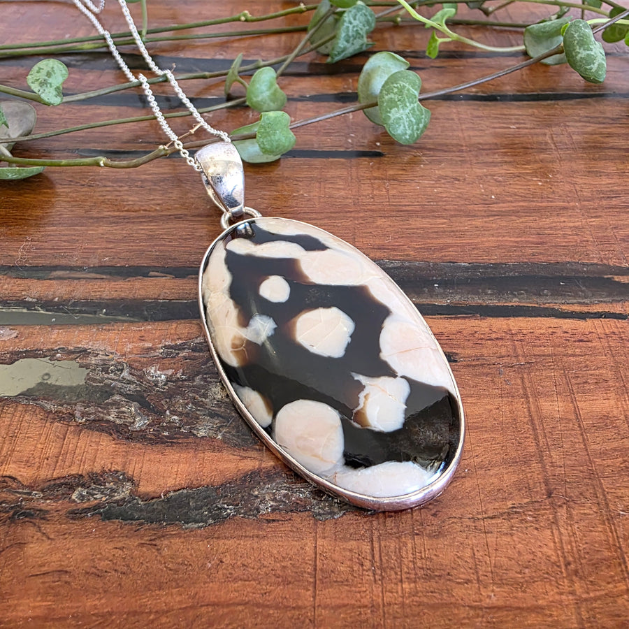 Peanut Wood Jasper Pendant in 925 Sterling Silver, comes with a 45cm 925 sterling silver chain.