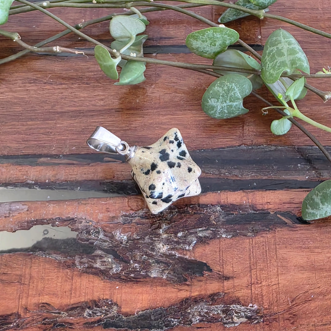 Dalmation Jasper Merkabah Pendant
Comes with a black cord necklace