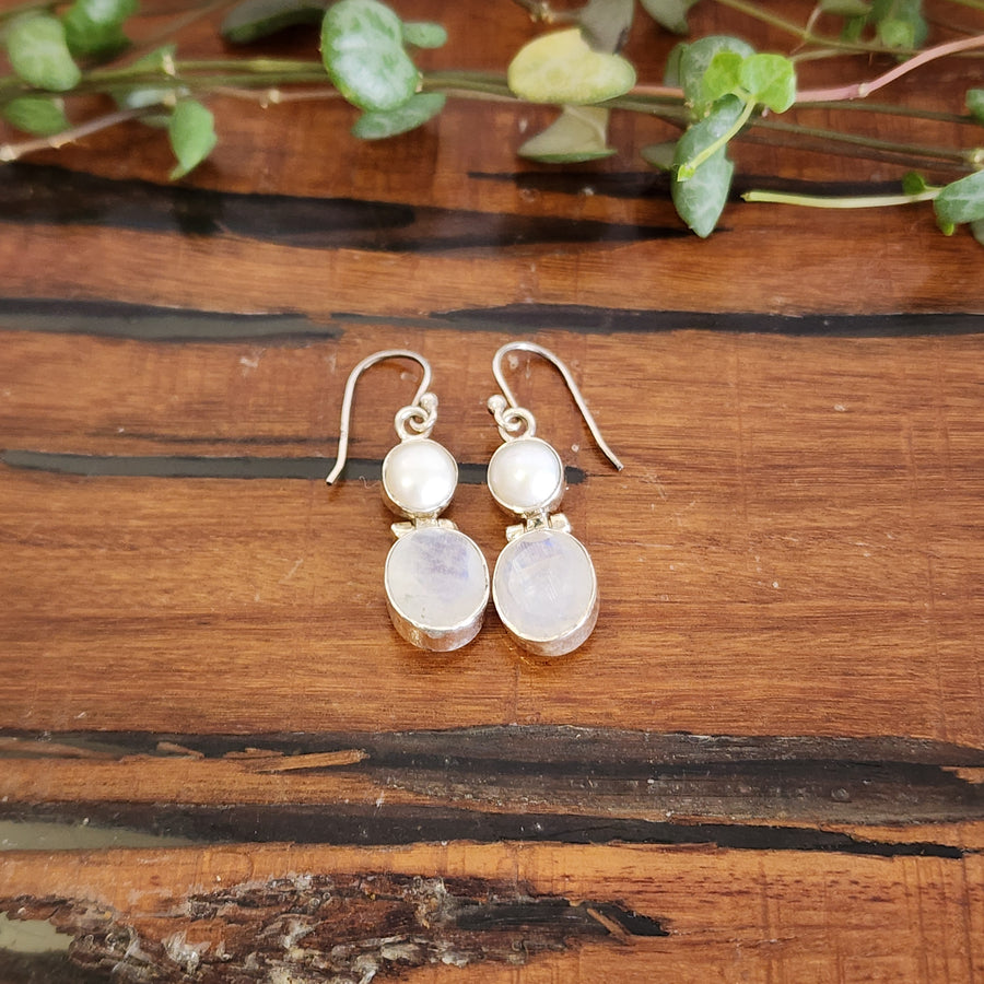 Rainbow Moonstone and Freshwater Pearls Earrings Set in 925 Sterling Silver