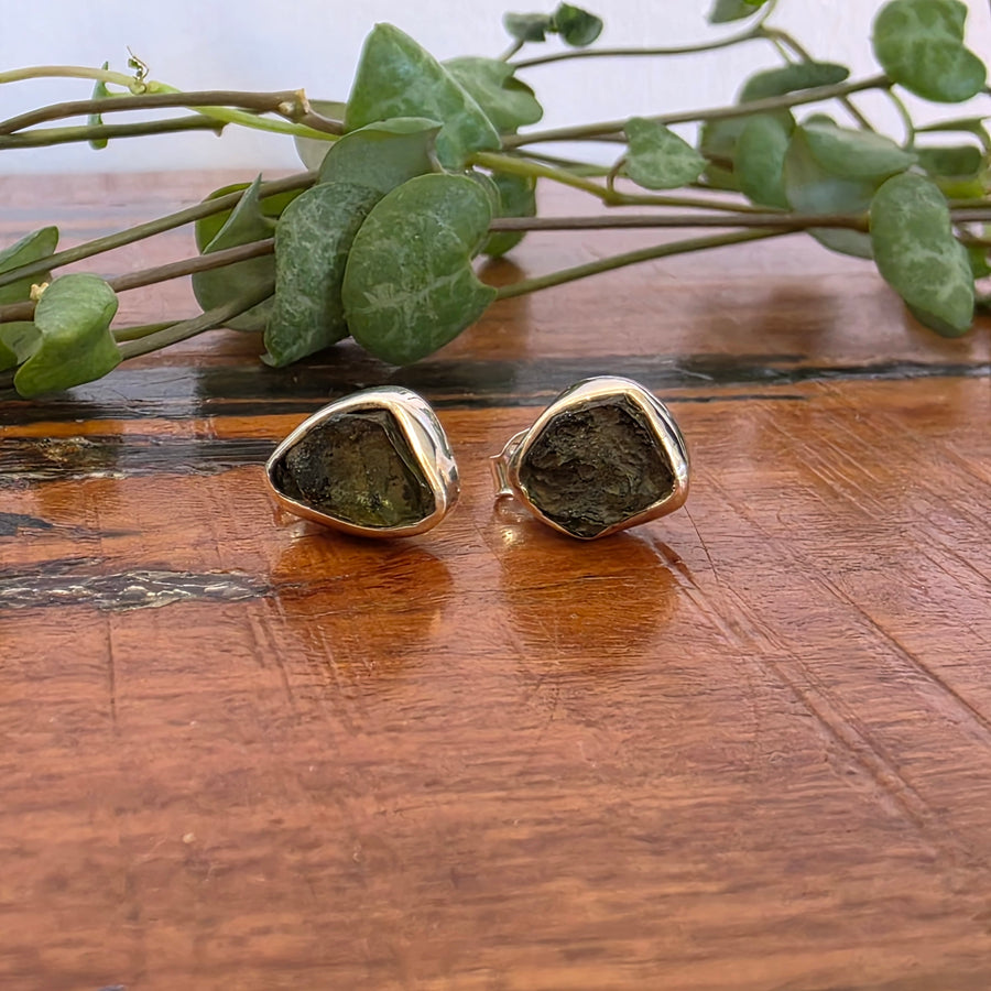 Rough Moldavite Stud Earrings set in 925 Sterling Silver.
