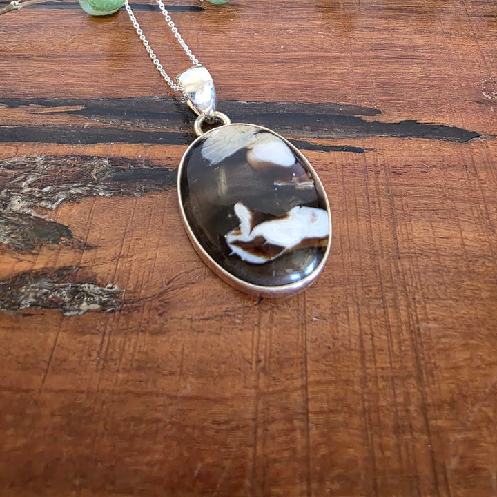 Peanut Wood Jasper Pendant in 925 Sterling Silver, comes with a 45cm 935 sterling silver chain.