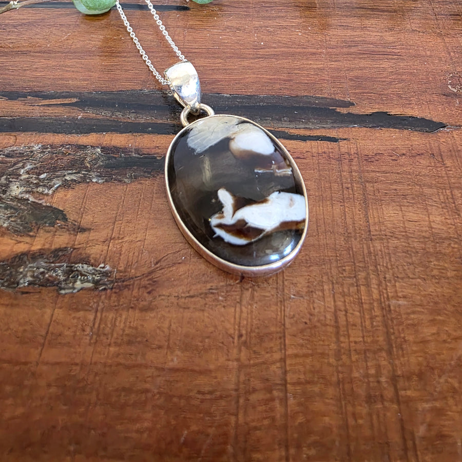 Peanut Wood Jasper Pendant in 925 Sterling Silver, comes with a 45cm 935 sterling silver chain.
