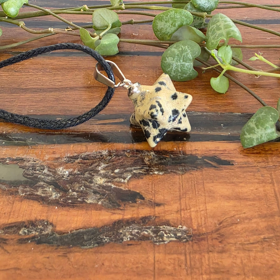 Dalmation Jasper Merkabah Pendant

Comes with a black cord necklace
