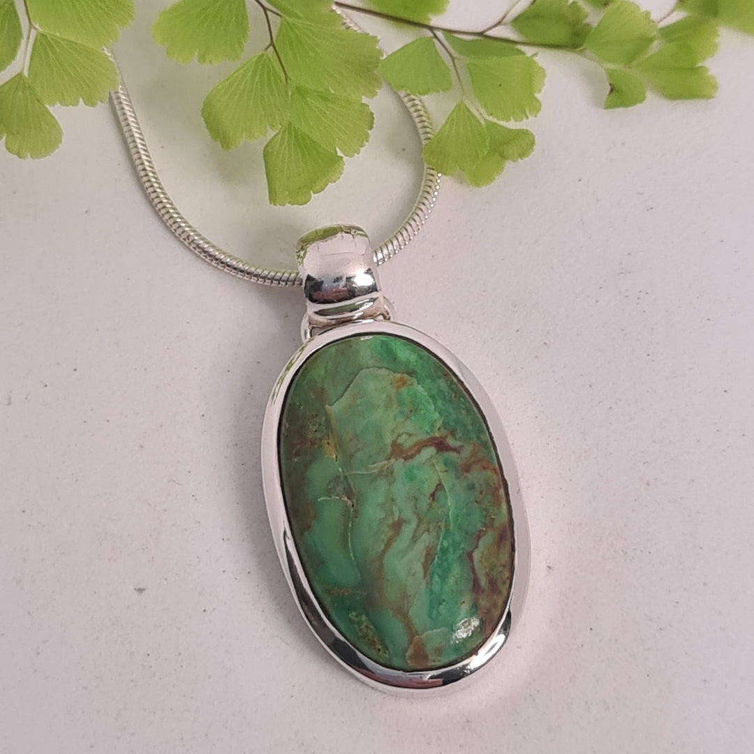Green Copper Turquoise Necklace set in 925 Sterling Silver, comes with a 45cm Sterling Silver Chain.