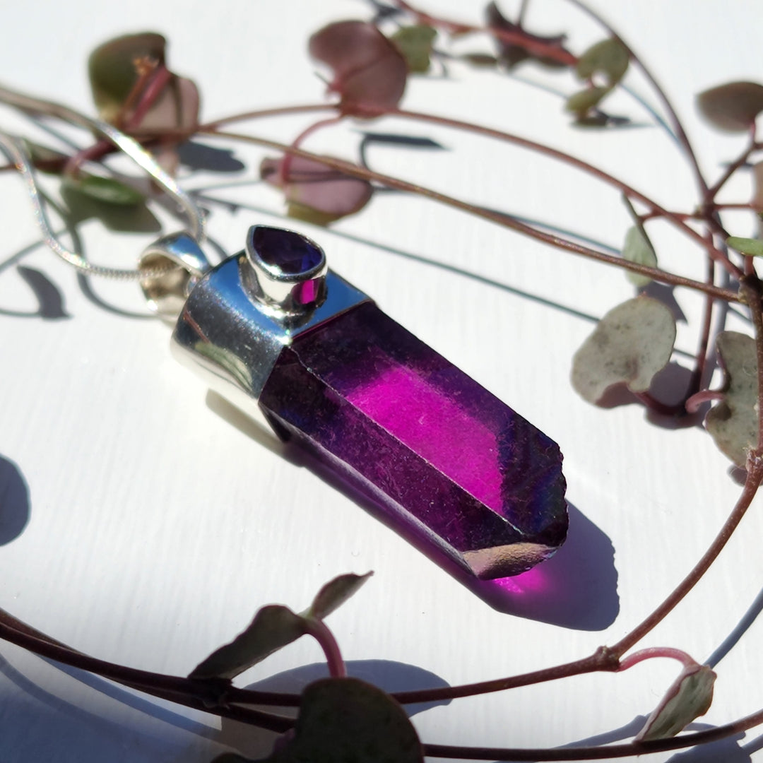 Amethyst &amp; Aura Quartz Pendant set in 925 Sterling Silver