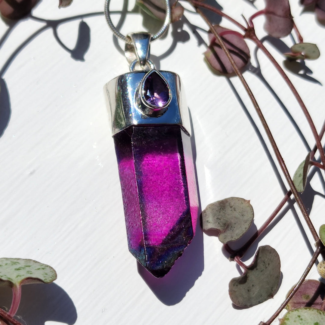 Amethyst &amp; Aura Quartz Pendant set in 925 Sterling Silver